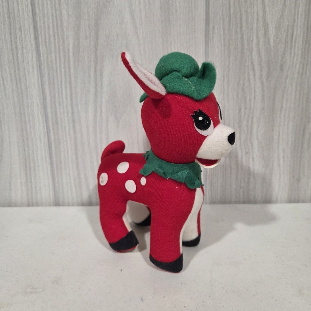 Vtg Japan Fun Farm Green Velvet Sawdust Stuffed Christmas Reindeer 60's Elf